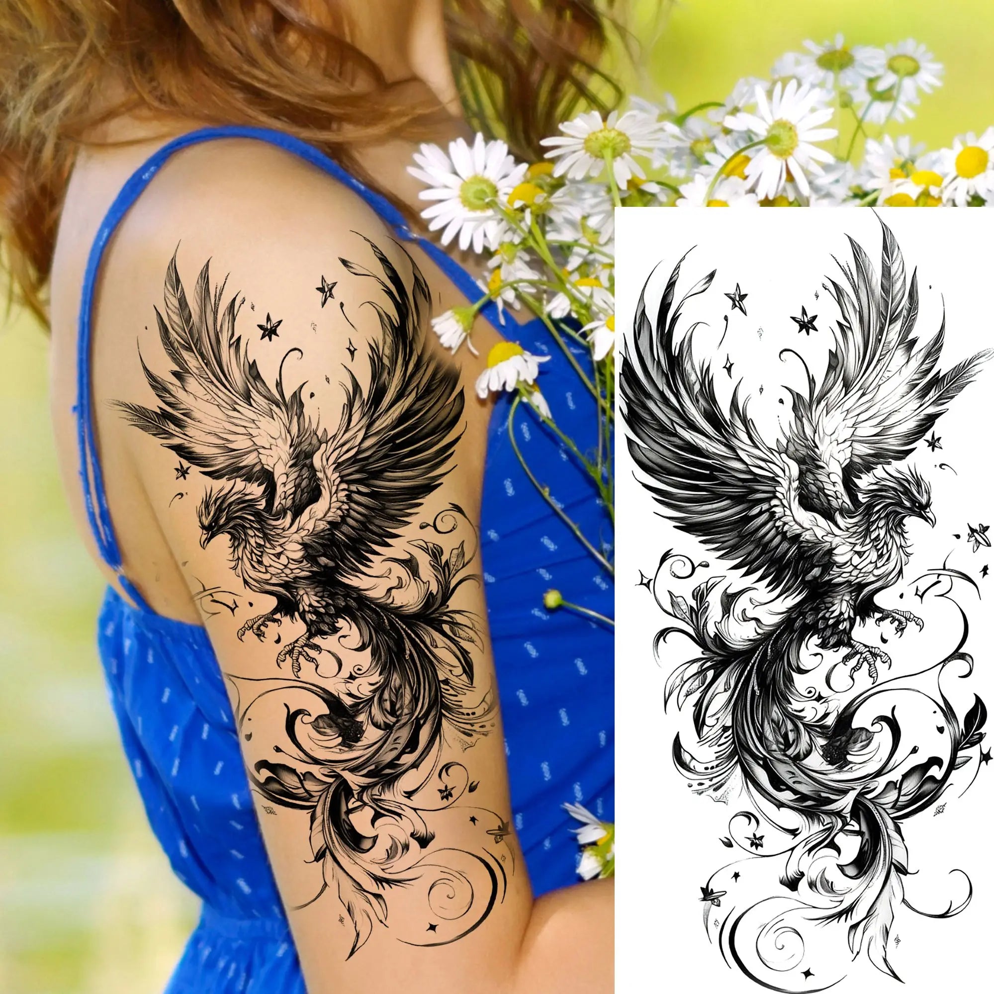 1 Sheet Phoenix Butterfly Flower Temporary Tattoo Sticker – Waterproof Realistic Fake Tattoos for Arm Back Waist