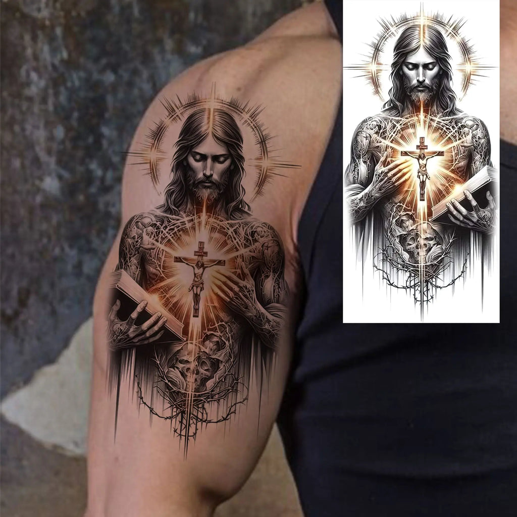 1pc Jesus Pray Cross Temporary Tattoo Stickers – Realistic Christian Fake Tattoos for Arm Chest Leg