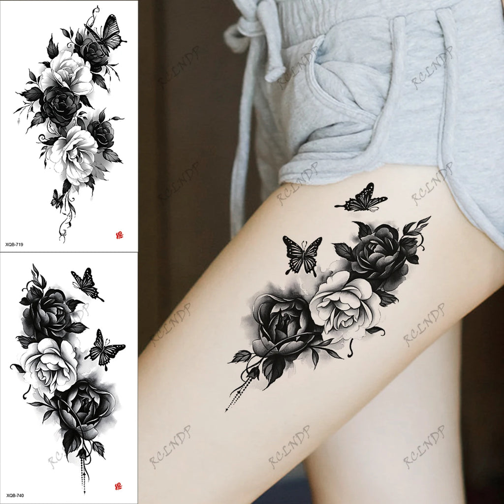 2pcs Black Flower Butterfly Temporary Tattoo Stickers