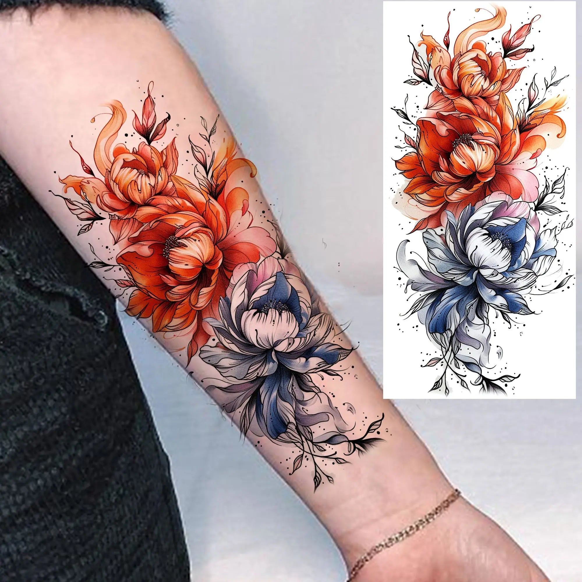 1 Sheet Watercolor Tiger Rose Temporary Tattoo Sticker – Waterproof Fake Tattoo with Floral & Bird Design