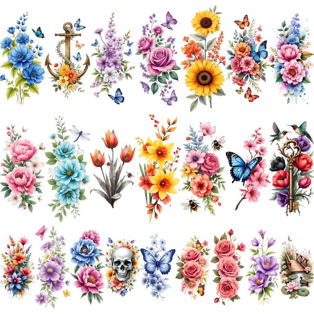 9pcs Colorful Flower Temporary Tattoo Stickers – Waterproof Floral Body Art for Neck, Back, Shoulder