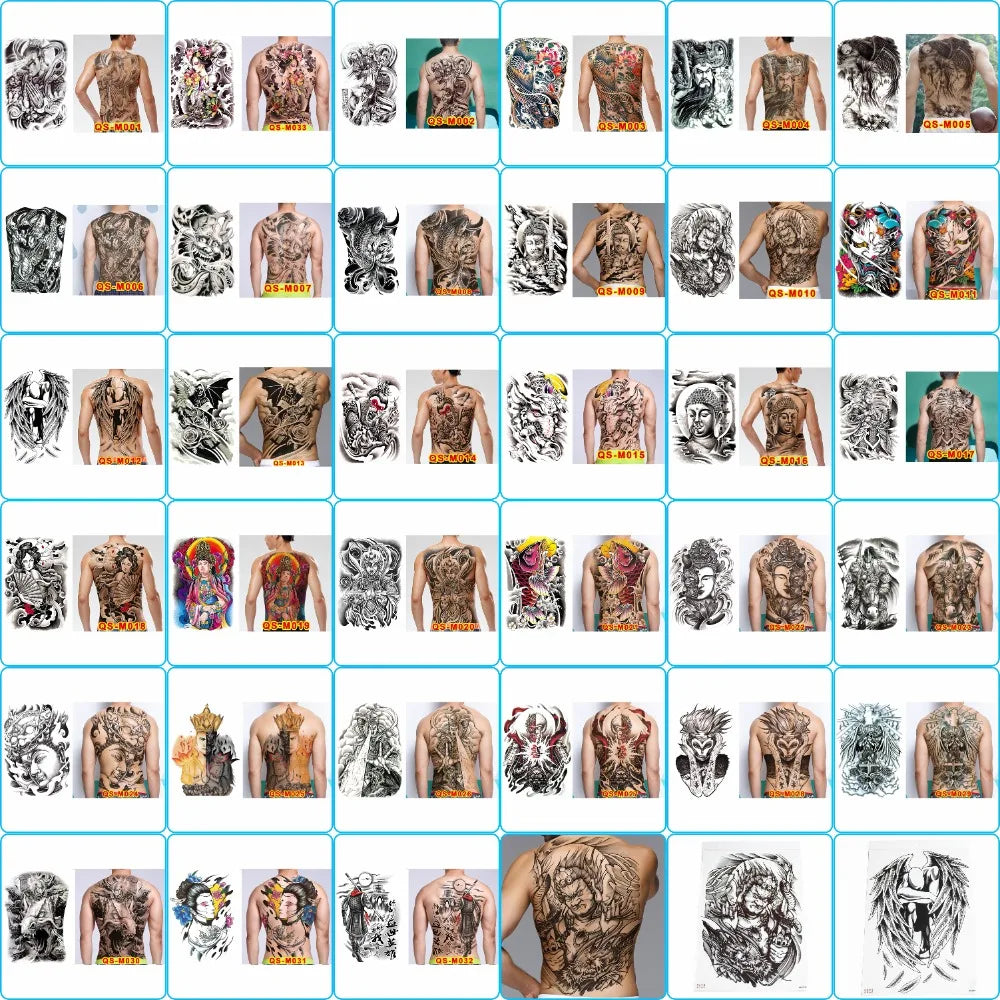 Full Back Water Transfer Tattoo Stickers – Angel Wings, Cross, Warrior Style Fake Tattoo for Men