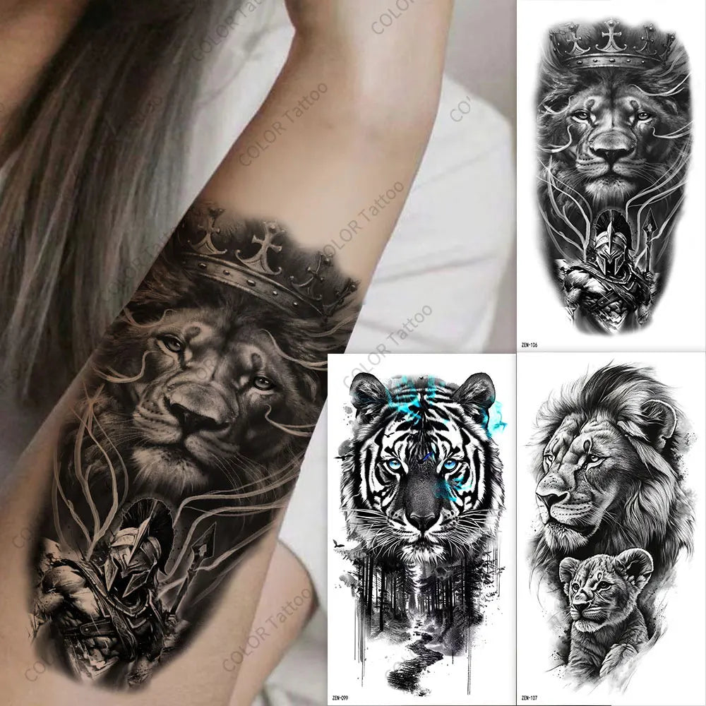 2pcs Black Lion Tiger Wolf Temporary Tattoo Stickers – Waterproof Fake Animal Sleeve Tattoos