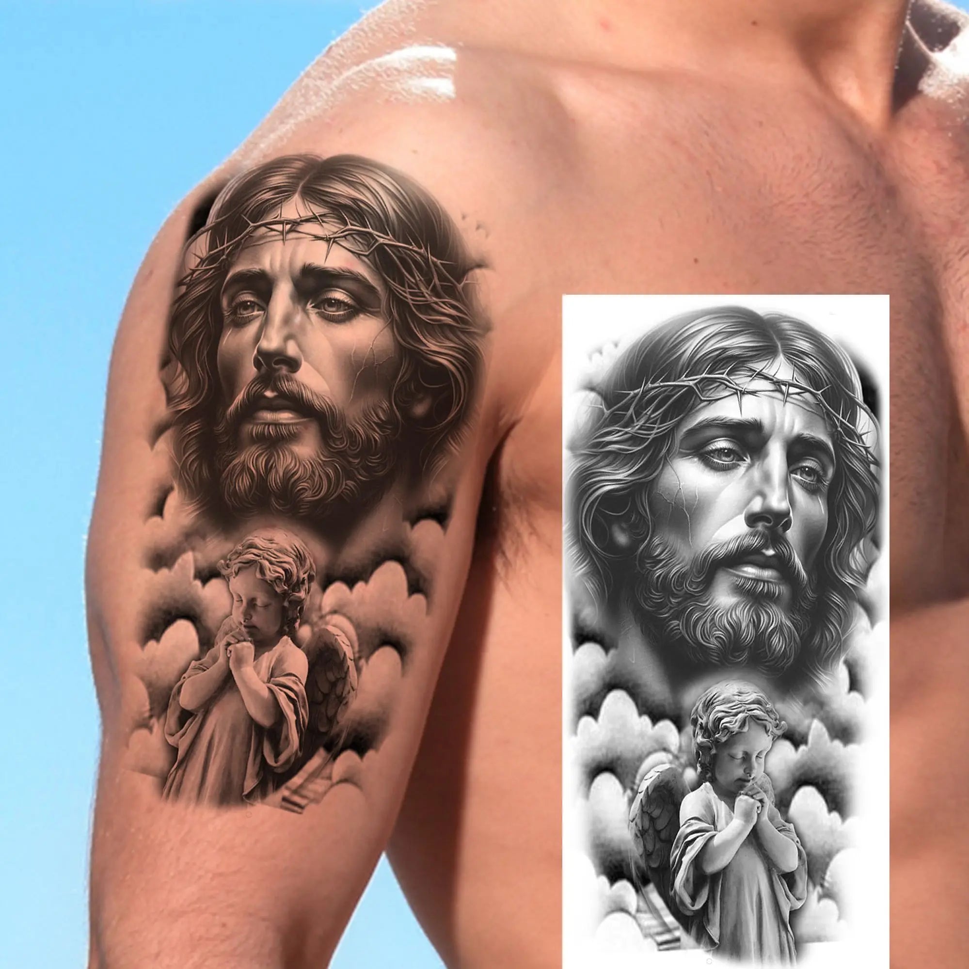 1pc Black Jesus Mary Cross Temporary Tattoo Stickers – Realistic Christian Prayer Tattoo Waterproof
