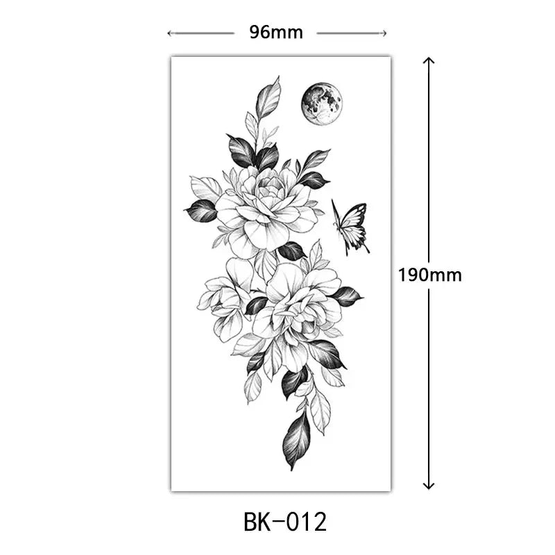 Black Floral Temporary Tattoo Stickers – Waterproof Fake Flower Tattoos for Hand, Arm, Body