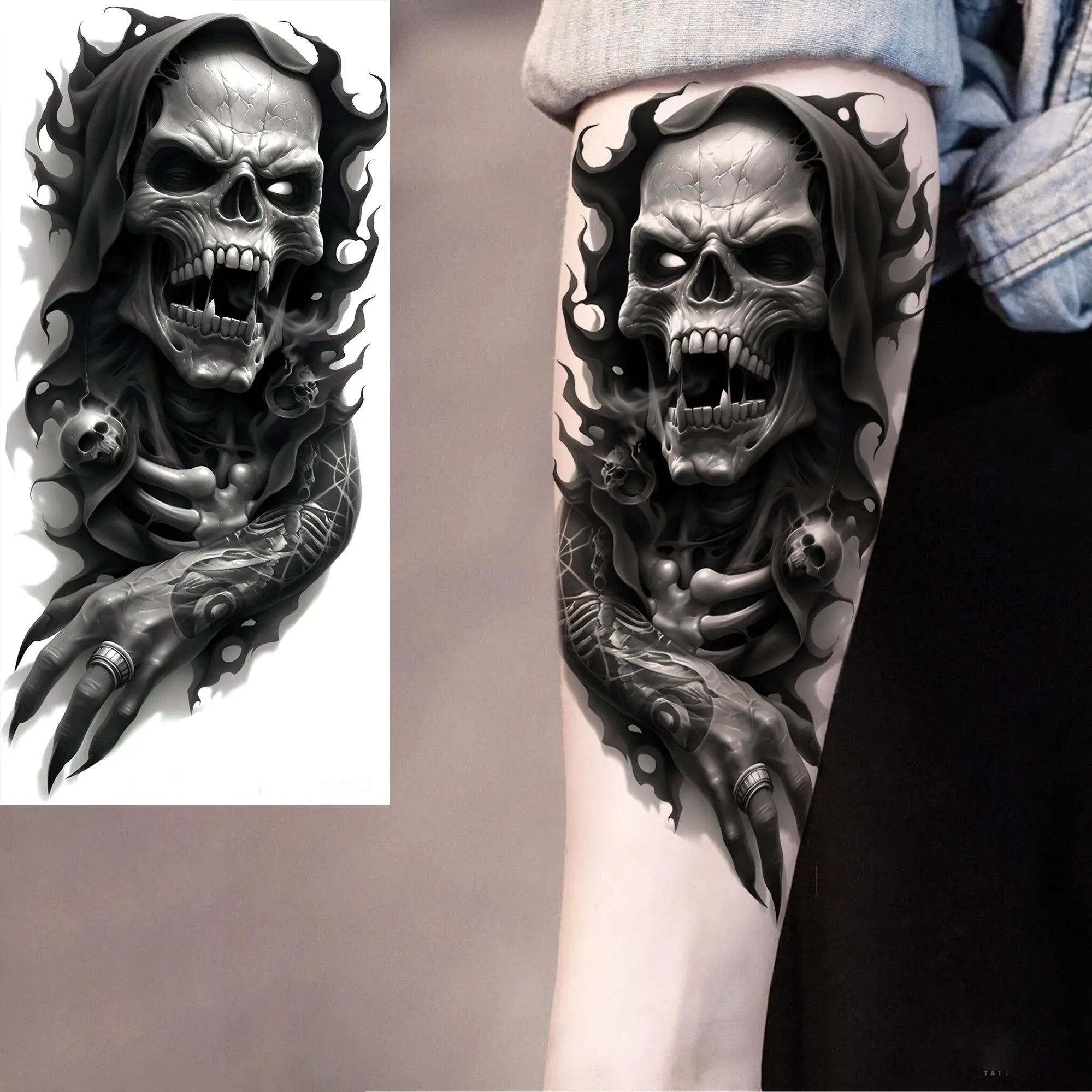 Grim Reaper Skull Pirate Temporary Tattoo – Halloween Fake Tattoo Sticker (1 Sheet)