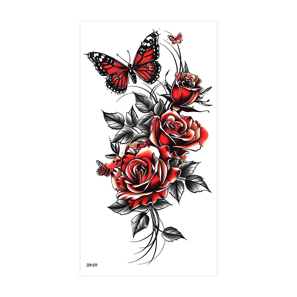 Realistic Flower Tattoo Sticker – Rose & Butterfly Design (1pc)