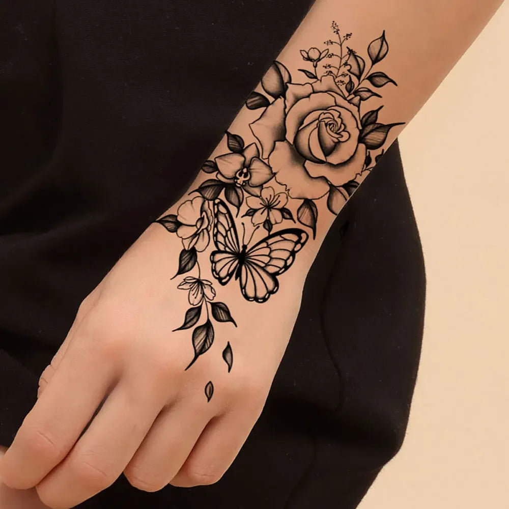 Black Floral Temporary Tattoo Stickers – Waterproof Fake Flower Tattoos for Hand, Arm, Body