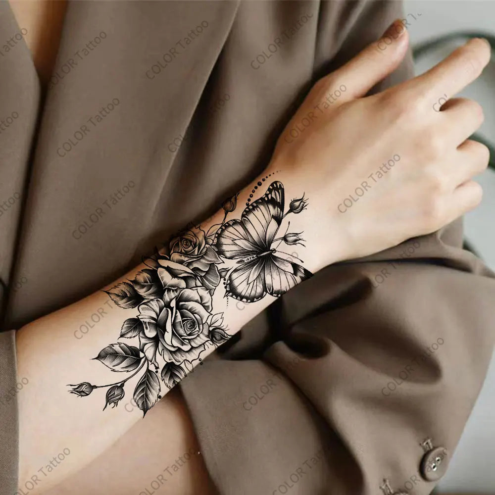 Realistic Flower Tattoo Sticker – Rose & Butterfly Design (1pc)