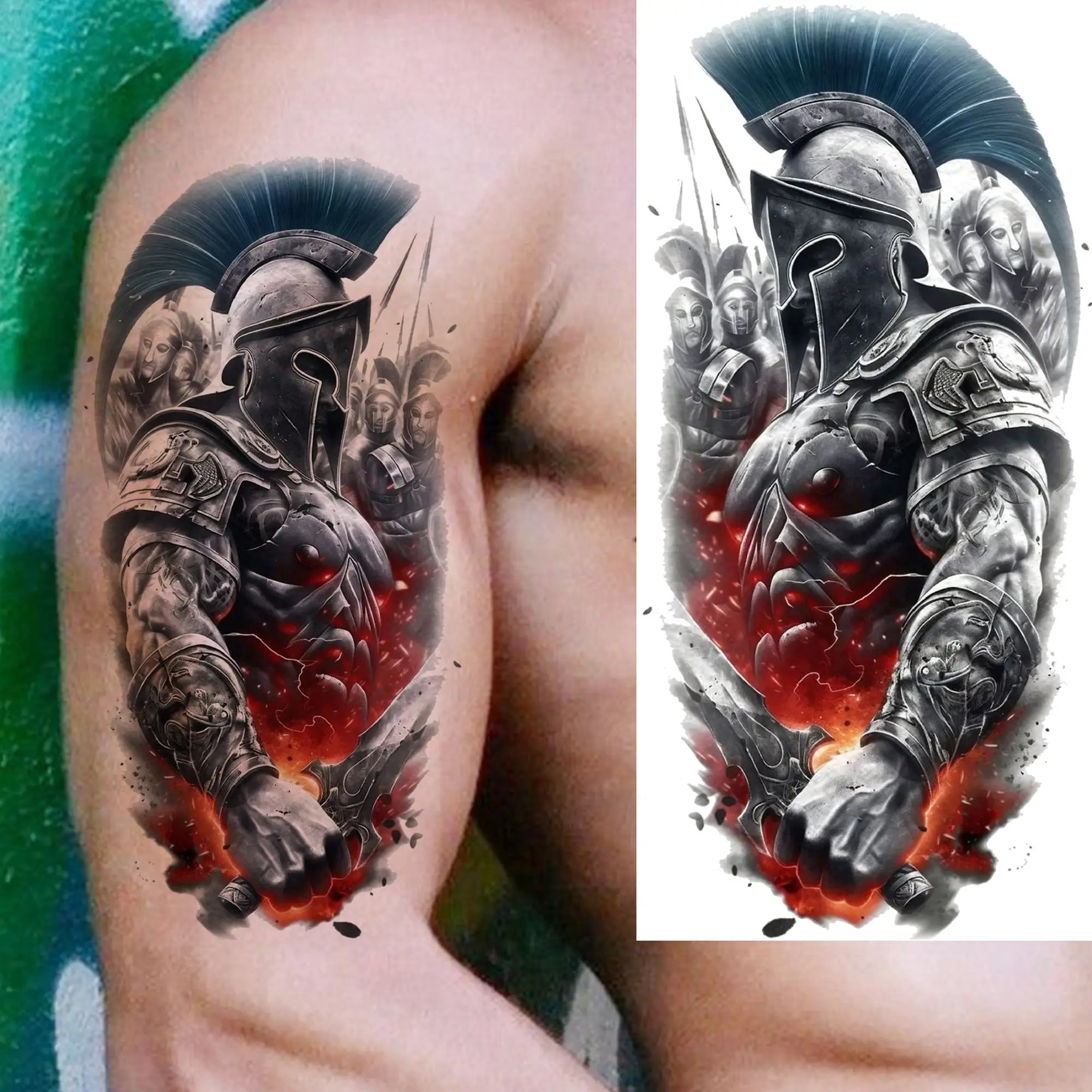1pc Black Warrior Spartan Temporary Tattoo Stickers – Gladiator Helmet Lion Wolf Armor Design