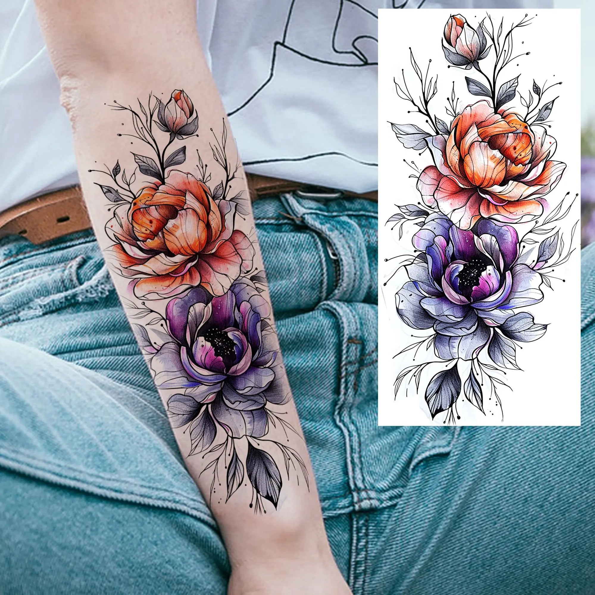Watercolor Flower & Butterfly Tattoo – Realistic Waterproof Temporary Sticker (1 Sheet)