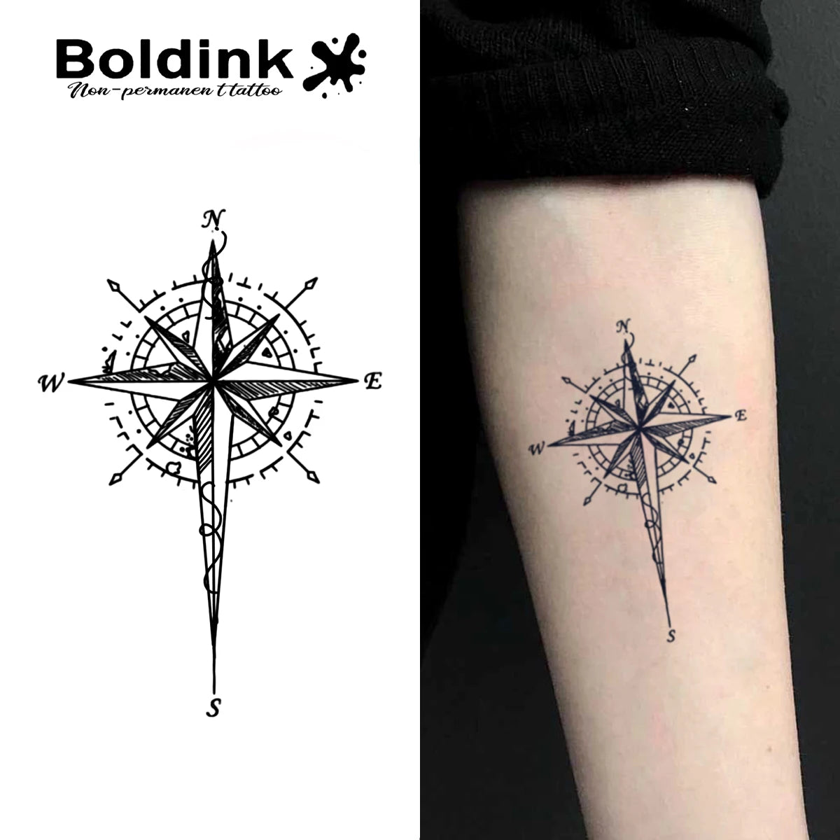 Compass North – Fine Line Temporary Tattoo (1PC)