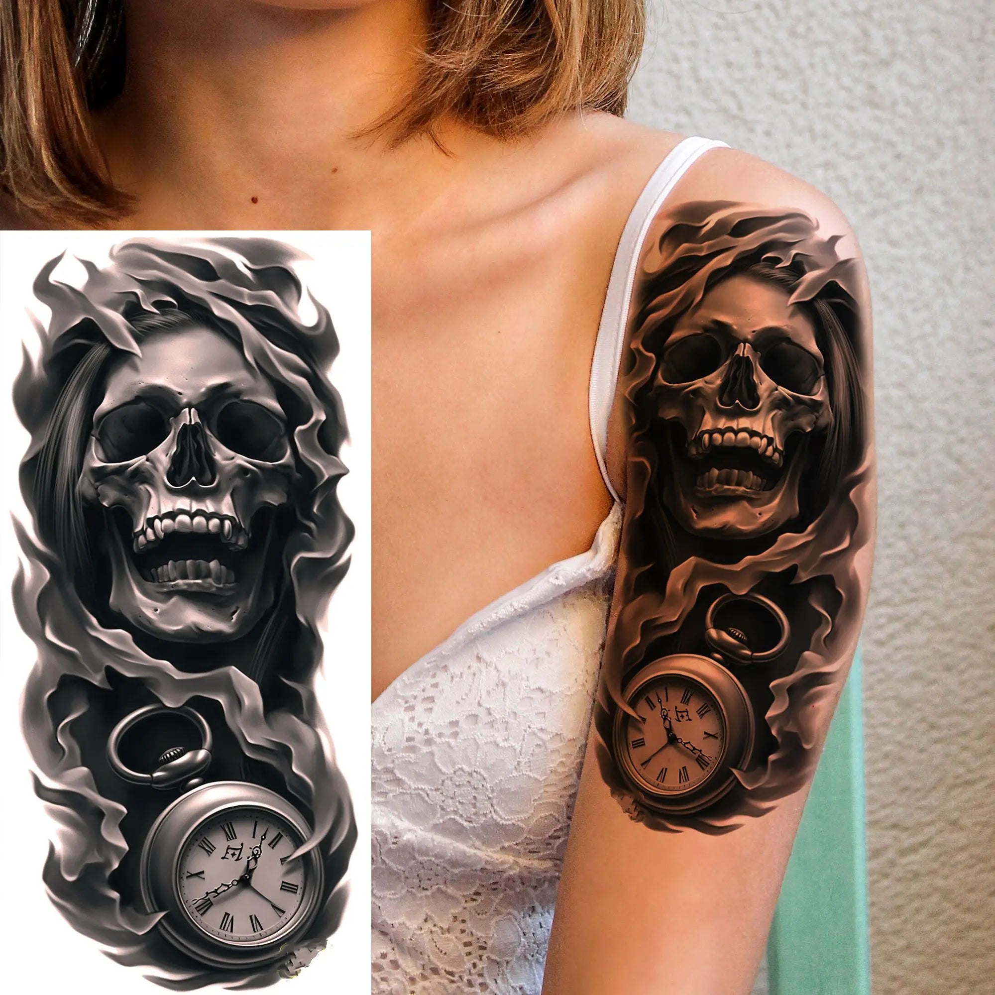 Grim Reaper Skull Pirate Temporary Tattoo – Halloween Fake Tattoo Sticker (1 Sheet)
