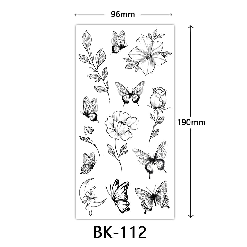 Black Floral Temporary Tattoo Stickers – Waterproof Fake Flower Tattoos for Hand, Arm, Body