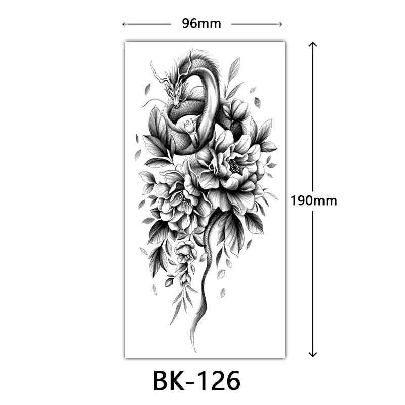 Black Floral Temporary Tattoo Stickers – Waterproof Fake Flower Tattoos for Hand, Arm, Body