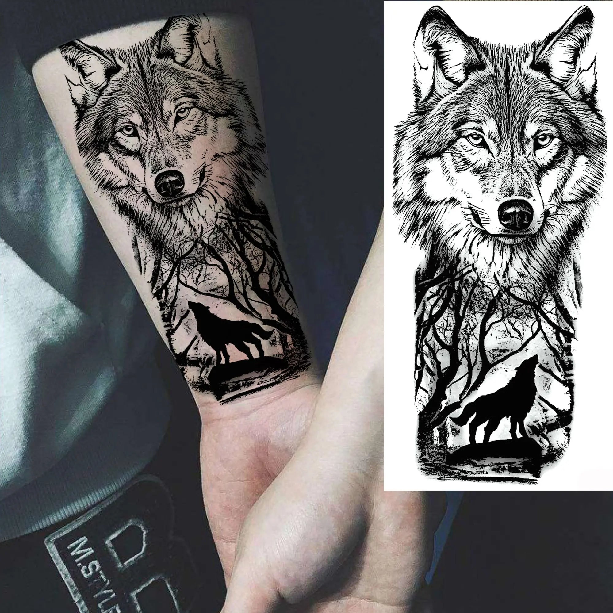 1pc Black Animal Realism Temporary Tattoo Stickers - Tiger Lion Wolf Clock Skull Eye