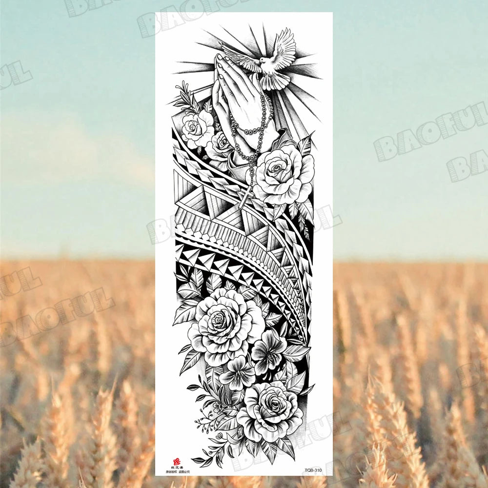 1 Sheet Wolf Lion Maori Flower Arm Sleeve Temporary Tattoo Sticker – Realistic Waterproof Fake Tattoos for Body
