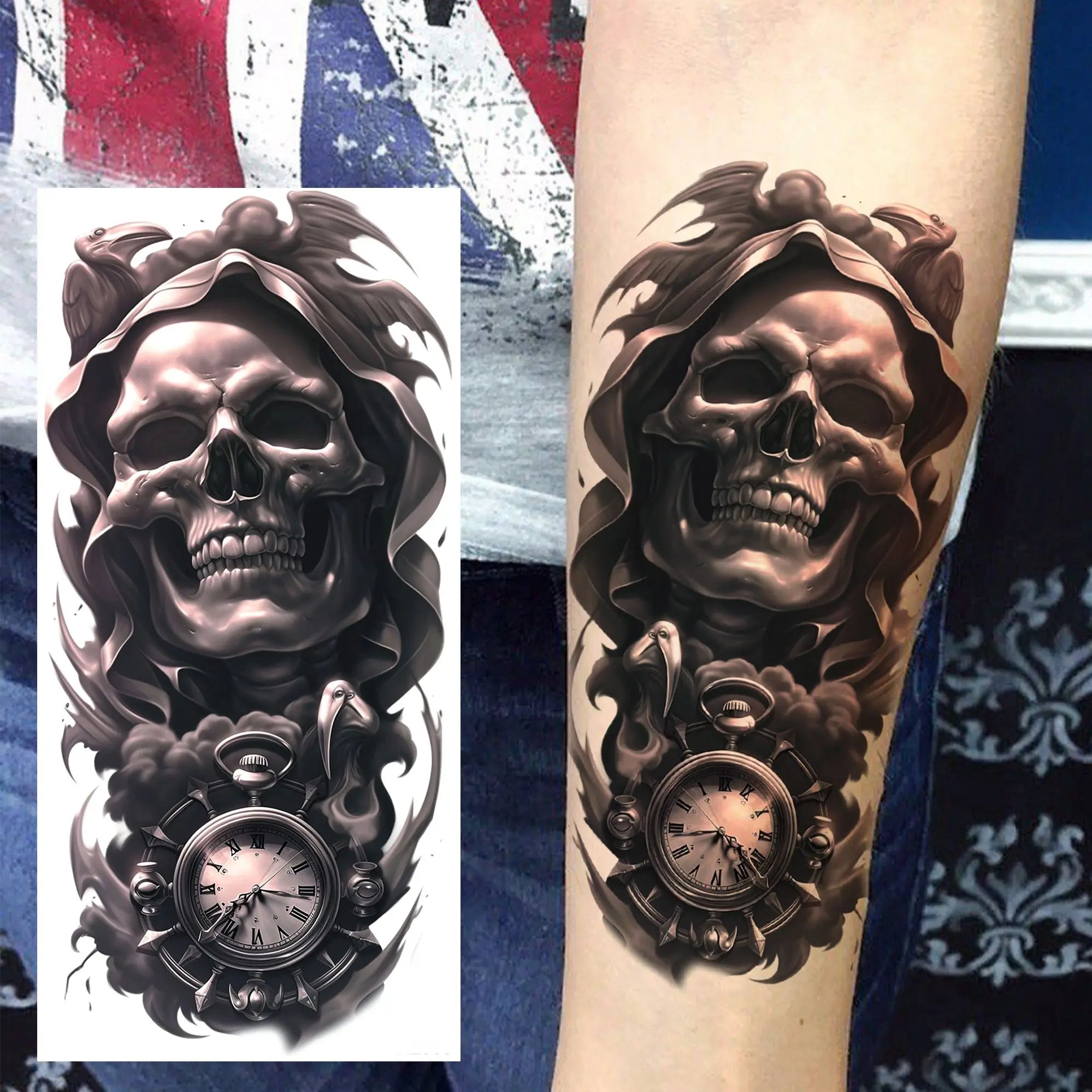 Grim Reaper Skull Pirate Temporary Tattoo – Halloween Fake Tattoo Sticker (1 Sheet)