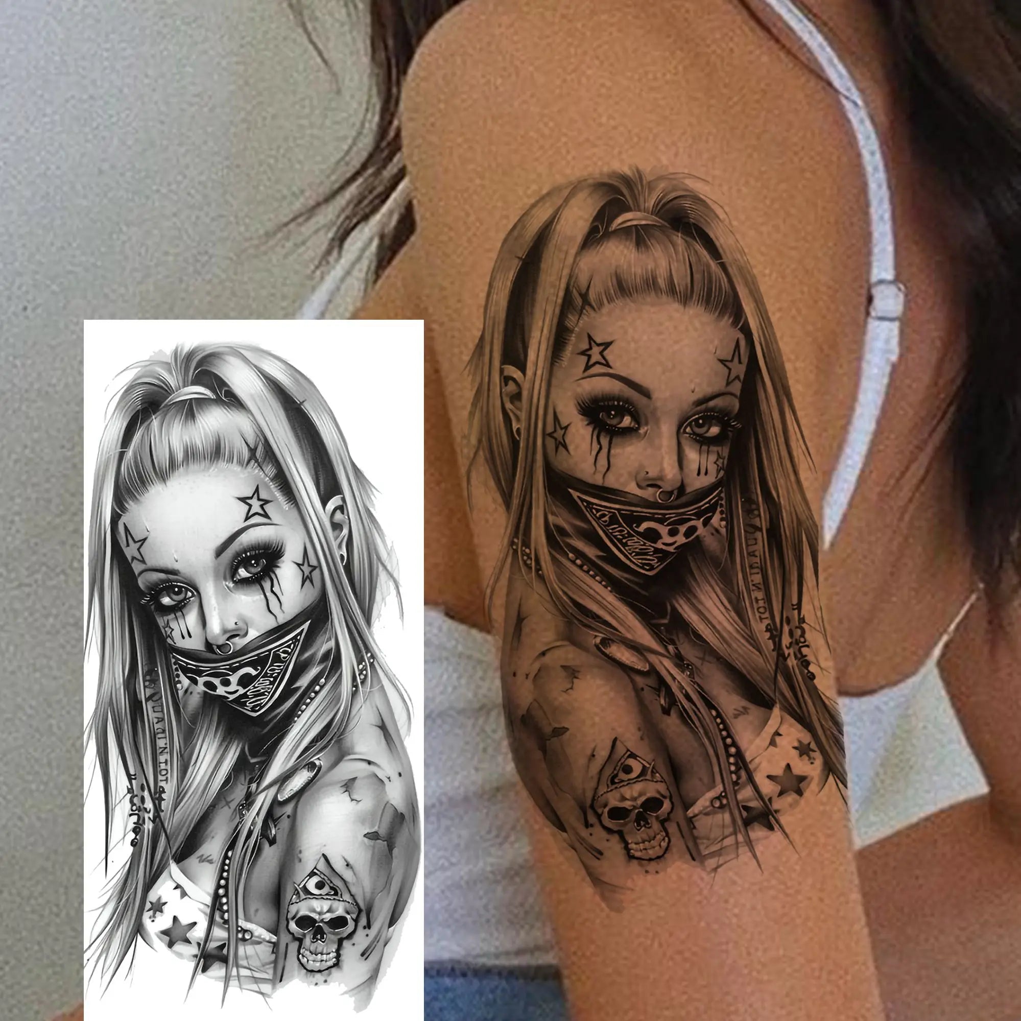 1 Sheet Gangster Joker Mask Poker Temporary Tattoo – Waterproof Fake Sleeve for Arm, Realistic Robber Rebel Design