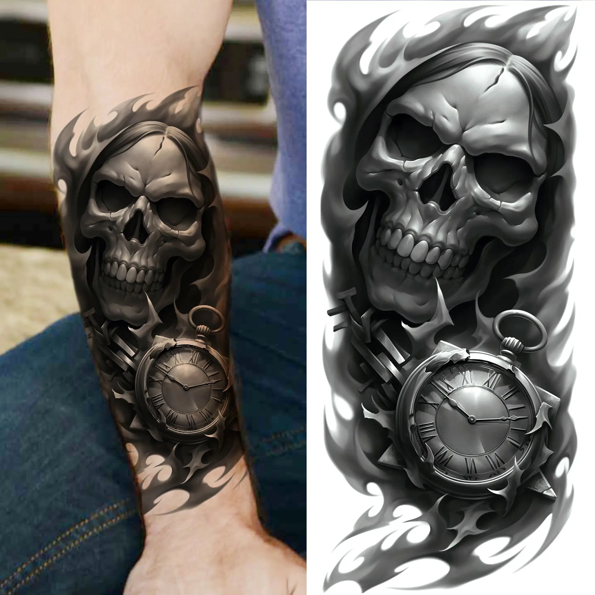 Grim Reaper Skull Pirate Temporary Tattoo – Halloween Fake Tattoo Sticker (1 Sheet)