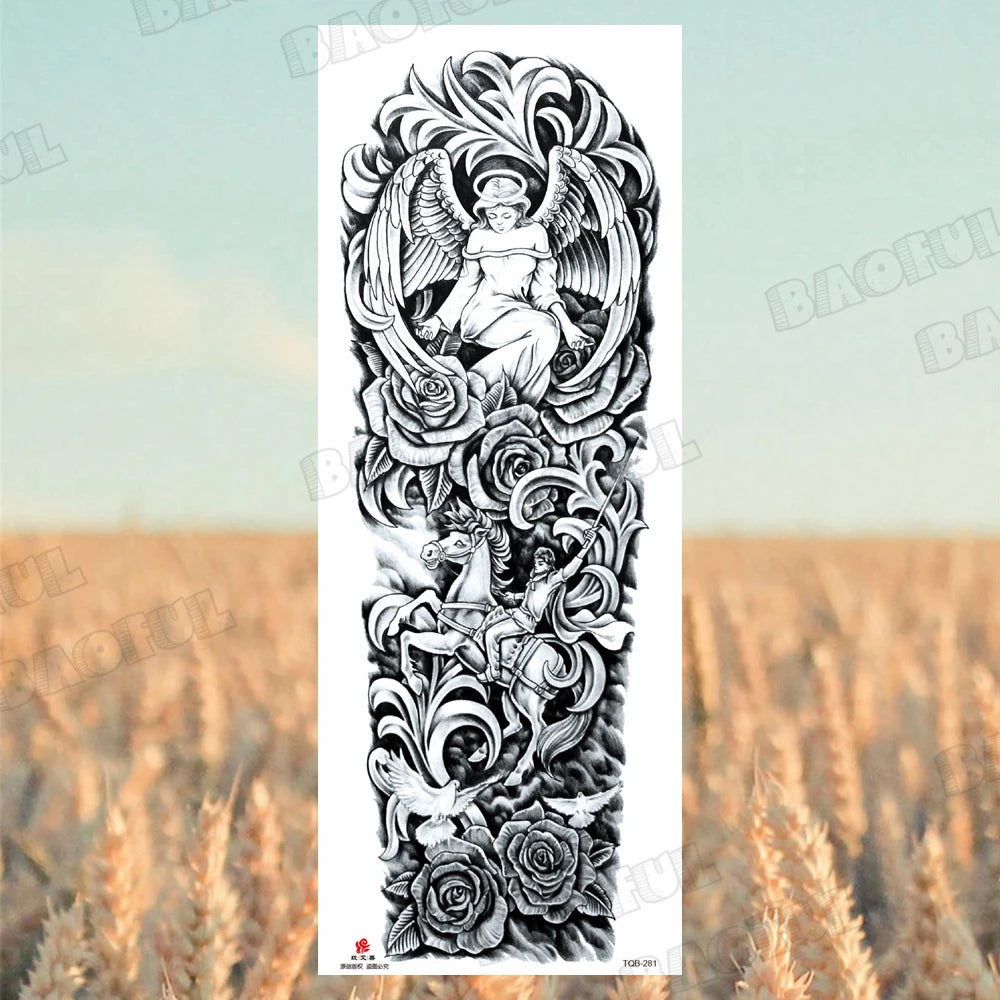 1 Sheet Wolf Lion Maori Flower Arm Sleeve Temporary Tattoo Sticker – Realistic Waterproof Fake Tattoos for Body