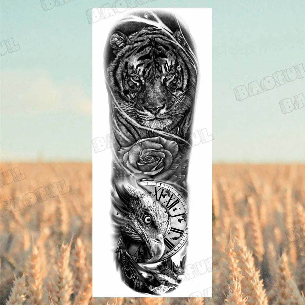 1 Sheet Wolf Lion Maori Flower Arm Sleeve Temporary Tattoo Sticker – Realistic Waterproof Fake Tattoos for Body