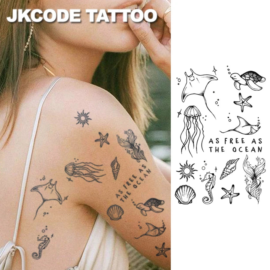 Ocean Theme Tattoo Sticker – Minimal Turtle, Shell, Starfish & Jellyfish Temporary Tattoos