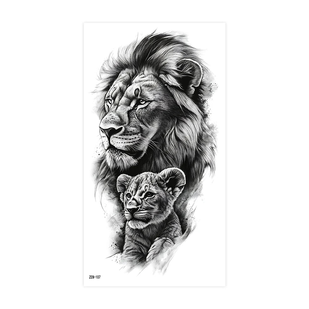 2pcs Black Lion Tiger Wolf Temporary Tattoo Stickers – Waterproof Fake Animal Sleeve Tattoos