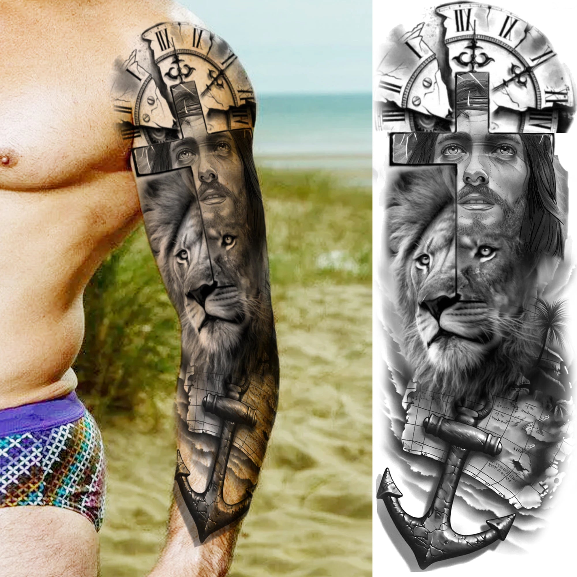1 Sheet Zeus Jesus Skull Arm Temporary Tattoo Stickers – Waterproof Fake Sleeve Tattoo for Arm and Leg