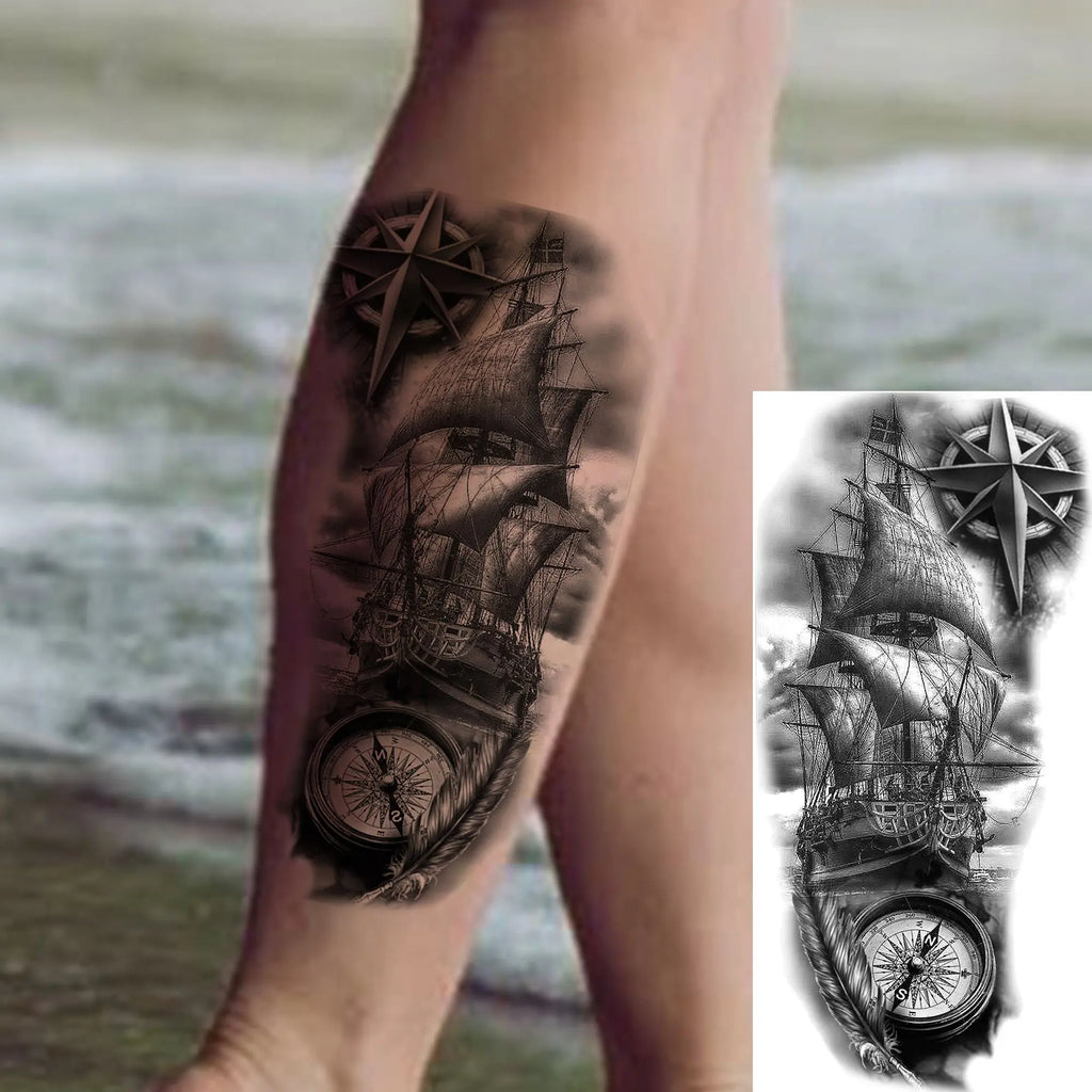 1 Sheet Lion Tiger Wolf Skull Ship Temporary Tattoo Sticker – Waterproof Realistic Body Art for Arm and Chest