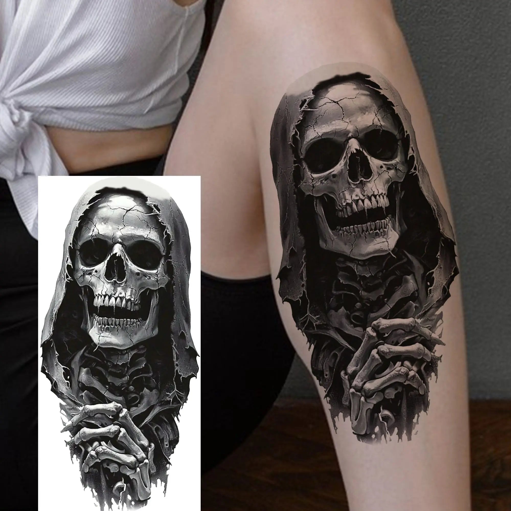 Grim Reaper Skull Pirate Temporary Tattoo – Halloween Fake Tattoo Sticker (1 Sheet)