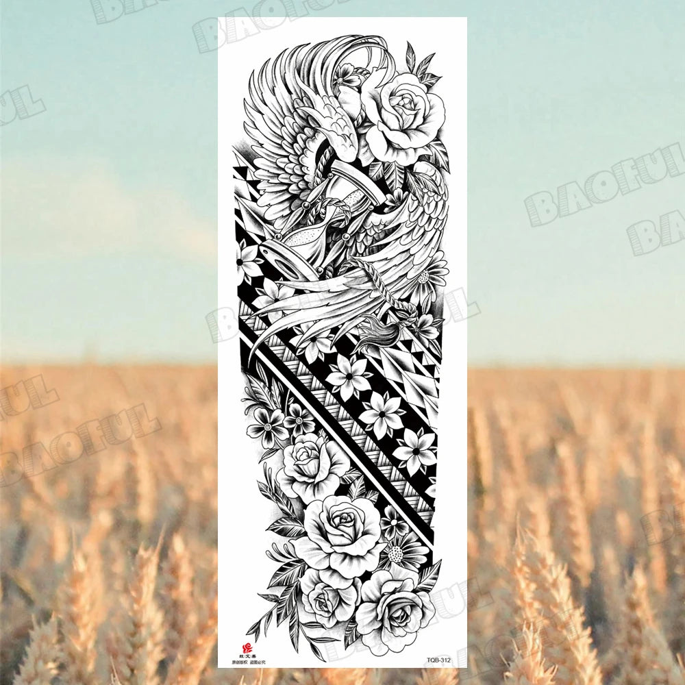 1 Sheet Wolf Lion Maori Flower Arm Sleeve Temporary Tattoo Sticker – Realistic Waterproof Fake Tattoos for Body
