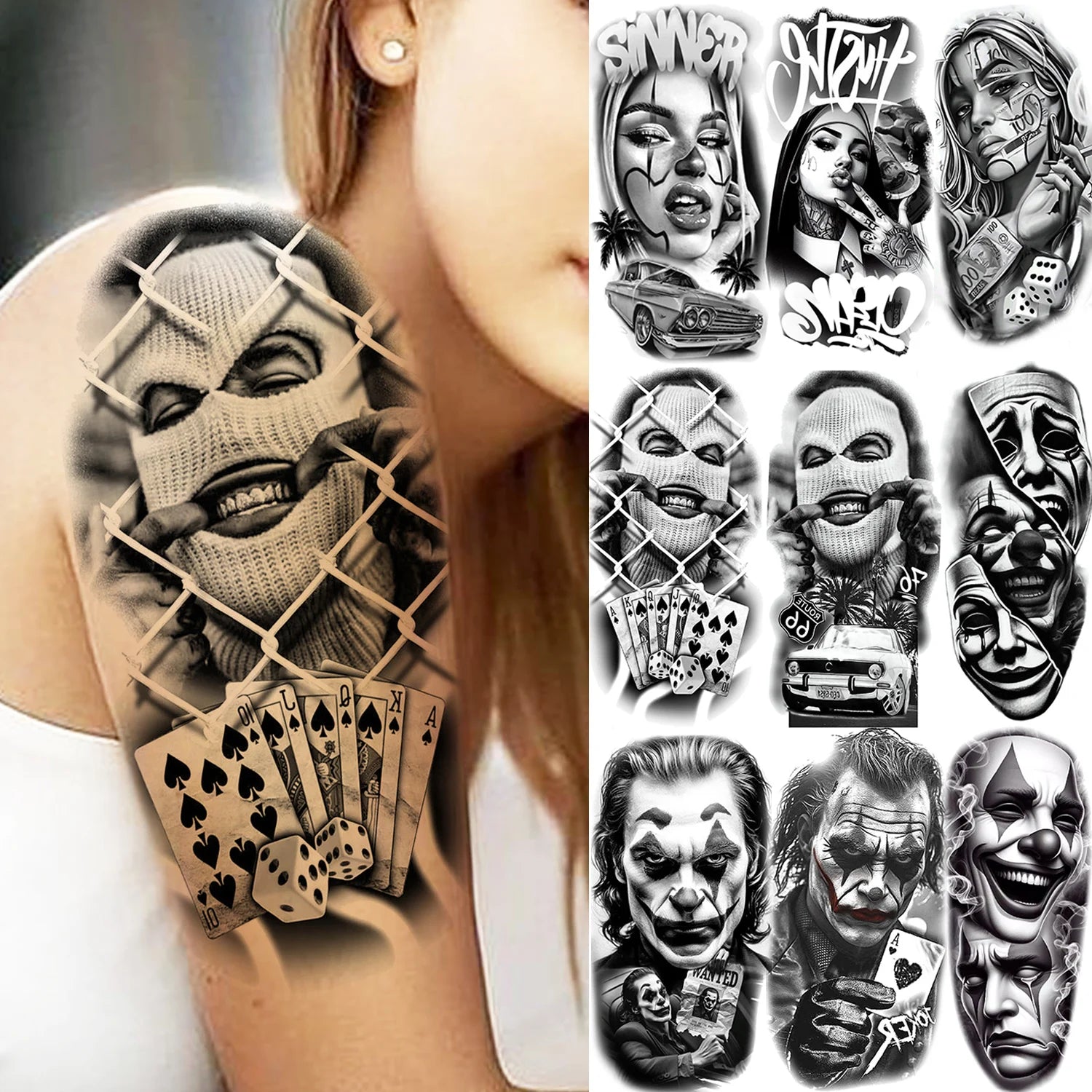 1 Sheet Gangster Joker Mask Poker Temporary Tattoo – Waterproof Fake Sleeve for Arm, Realistic Robber Rebel Design