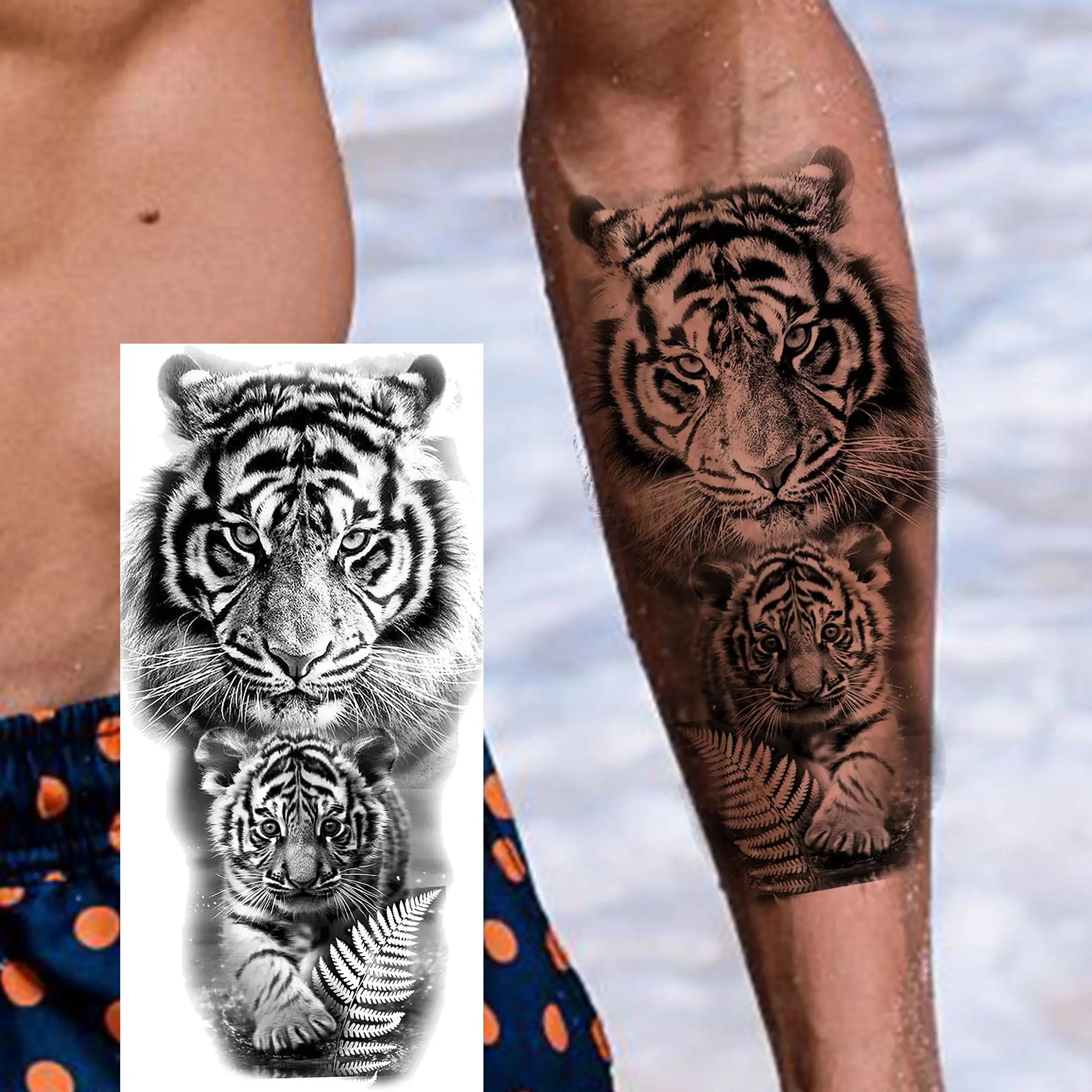 1pc Black Animal Realism Temporary Tattoo Stickers - Tiger Lion Wolf Clock Skull Eye