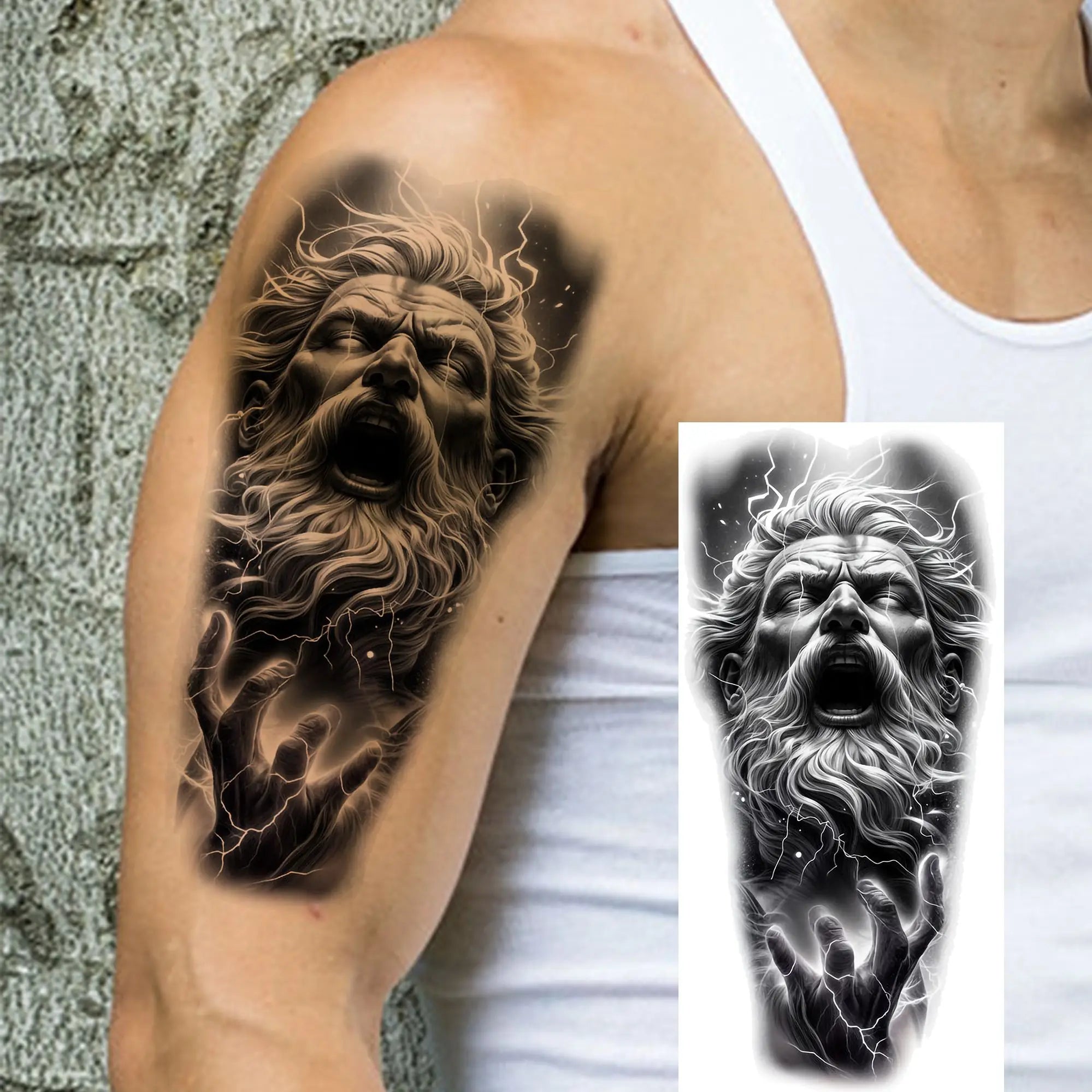 1 Sheet Zeus Jesus Skull Arm Temporary Tattoo Stickers – Waterproof Fake Sleeve Tattoo for Arm and Leg