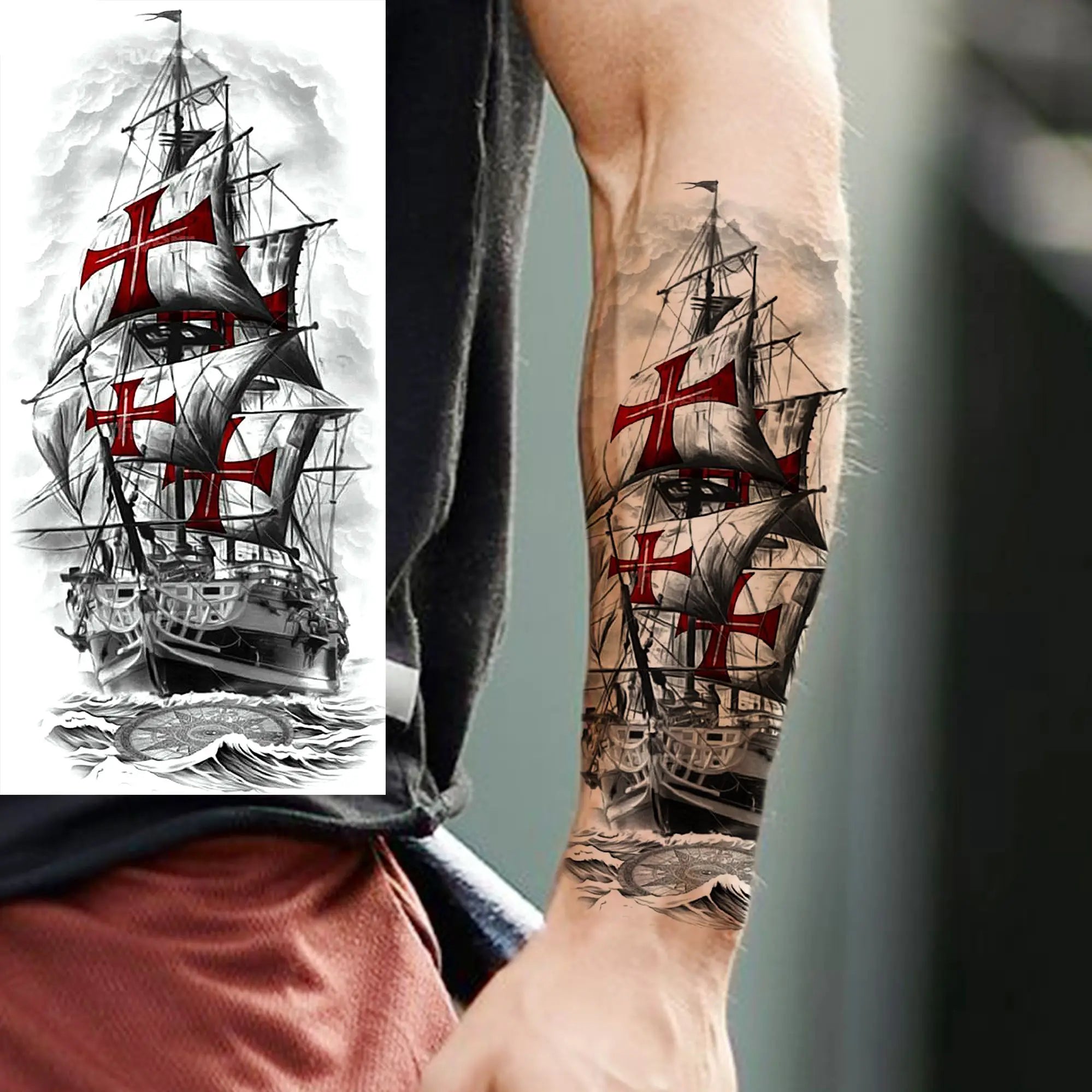 1 Sheet Lion Tiger Wolf Skull Ship Temporary Tattoo Sticker – Waterproof Realistic Body Art for Arm and Chest