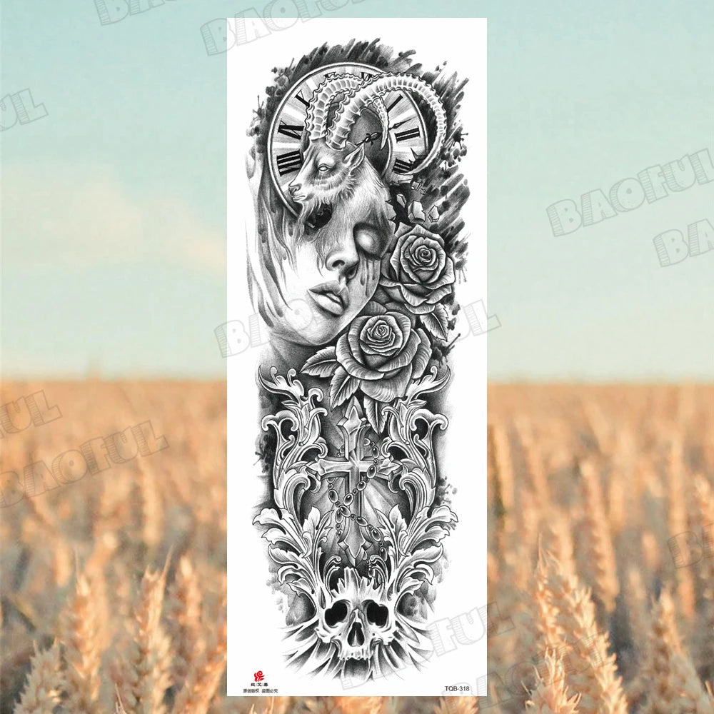 1 Sheet Wolf Lion Maori Flower Arm Sleeve Temporary Tattoo Sticker – Realistic Waterproof Fake Tattoos for Body