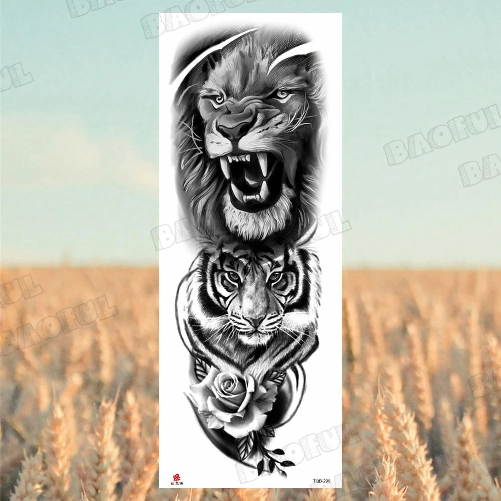 1 Sheet Wolf Lion Maori Flower Arm Sleeve Temporary Tattoo Sticker – Realistic Waterproof Fake Tattoos for Body