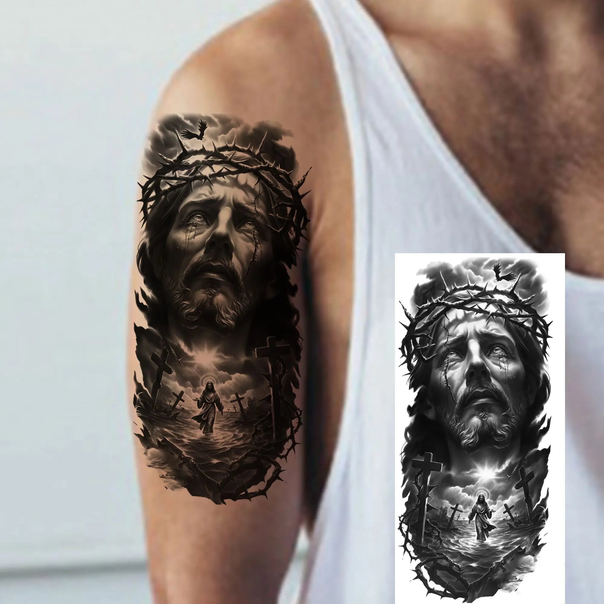 1pc Jesus Pray Cross Temporary Tattoo Stickers – Realistic Christian Fake Tattoos for Arm Chest Leg