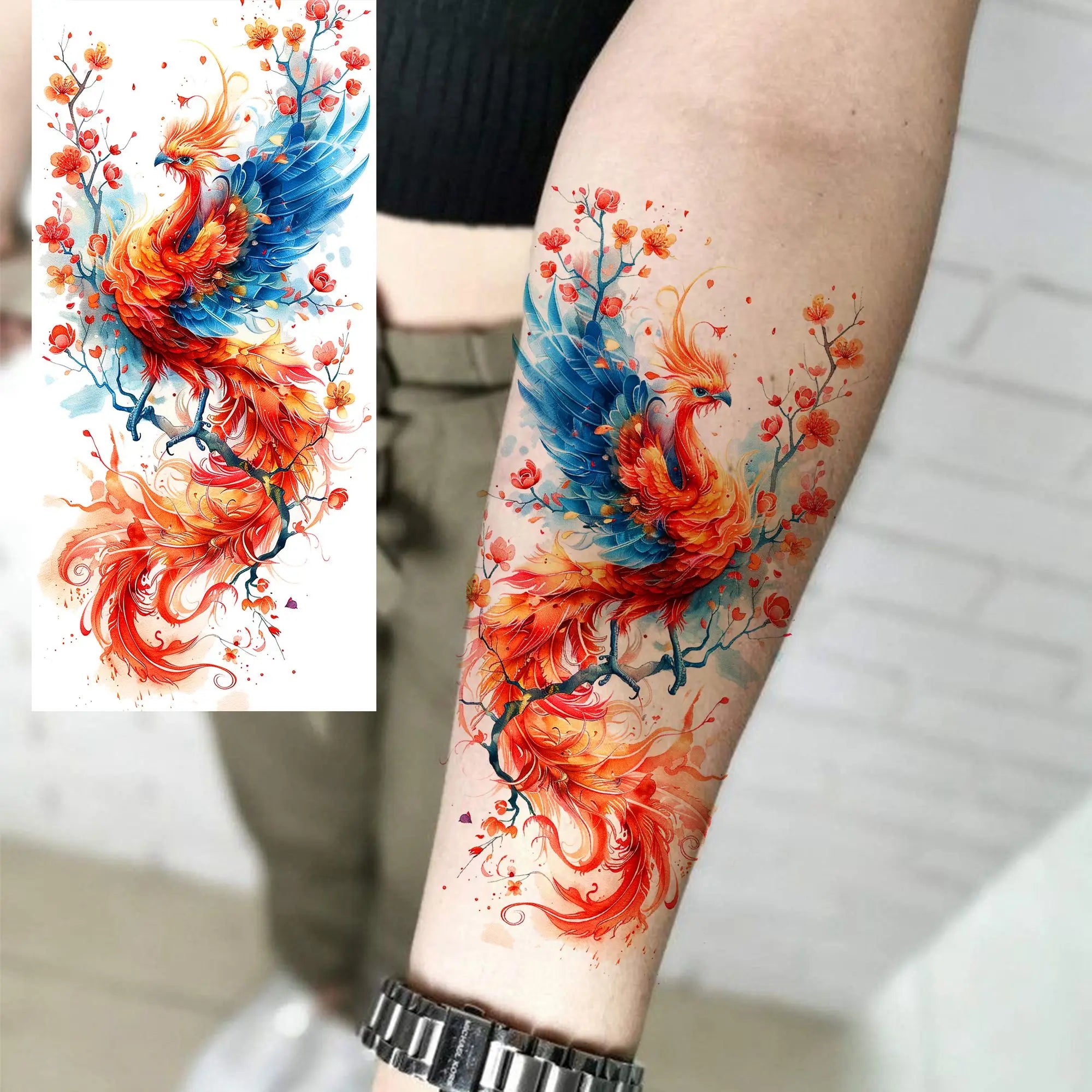 1 Sheet Watercolor Tiger Rose Temporary Tattoo Sticker – Waterproof Fake Tattoo with Floral & Bird Design