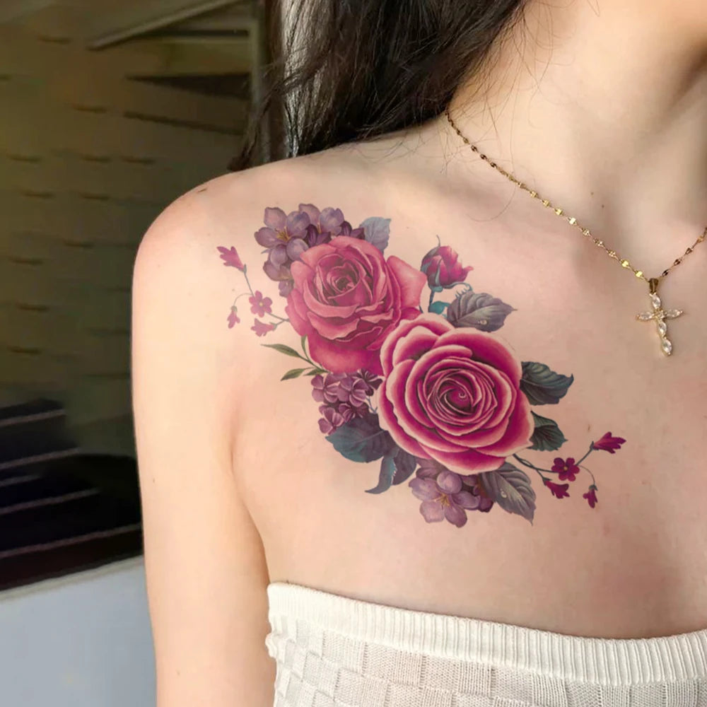Colorful Rose Lily Peony Butterfly Temporary Tattoo Sticker