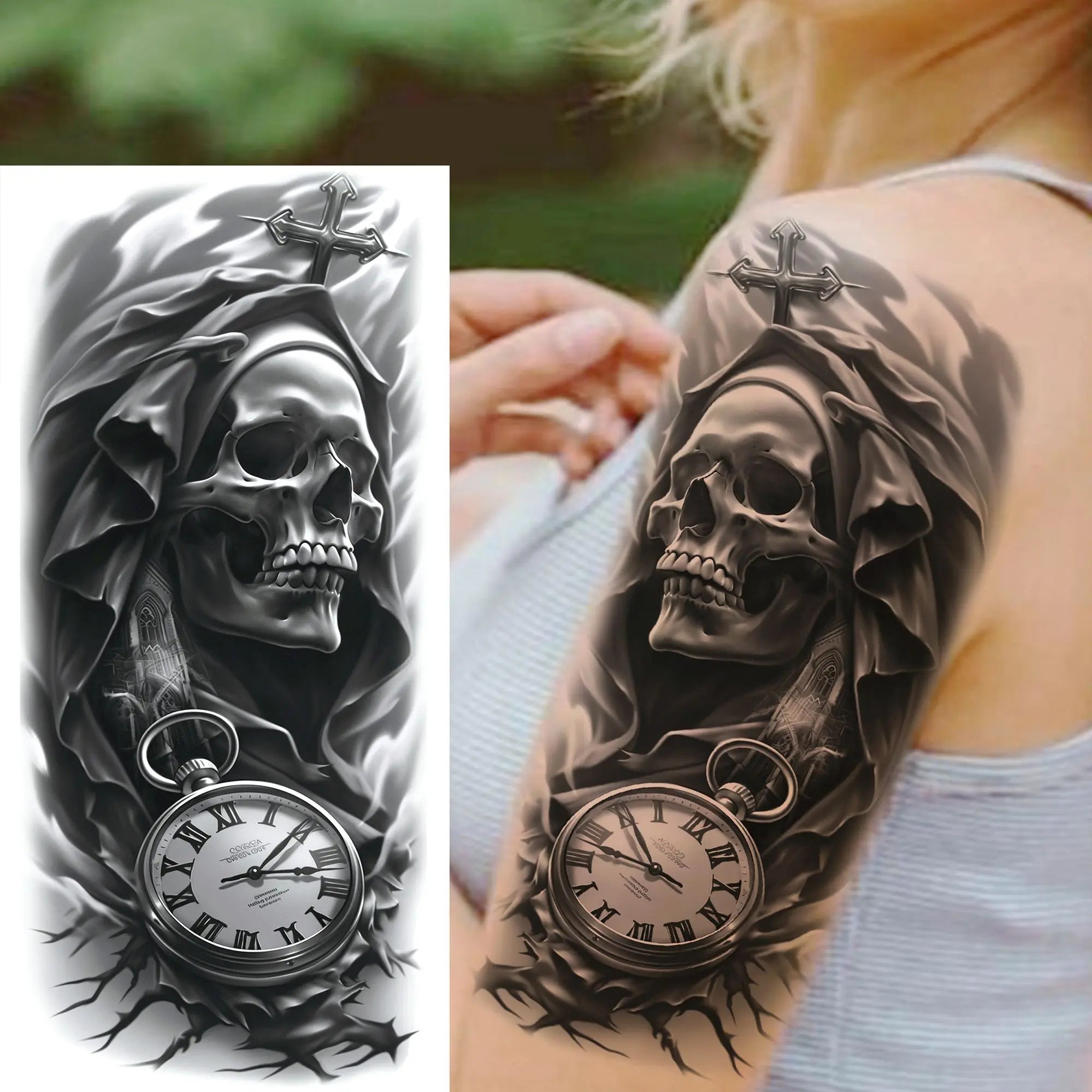 Grim Reaper Skull Pirate Temporary Tattoo – Halloween Fake Tattoo Sticker (1 Sheet)