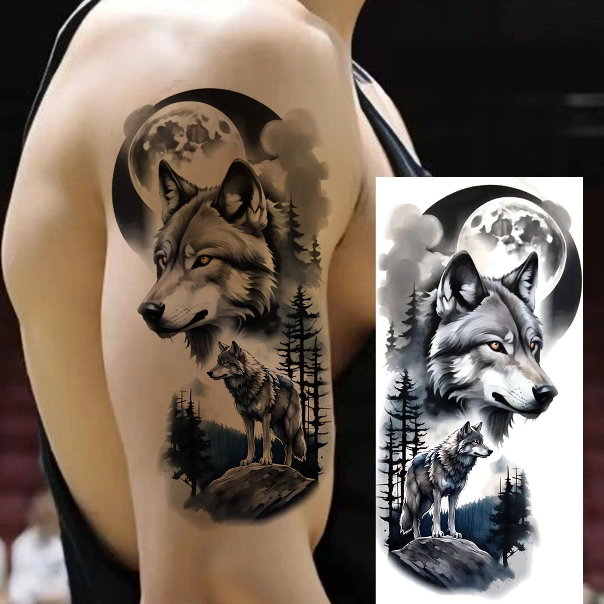 1pc Black Animal Realism Temporary Tattoo Stickers - Tiger Lion Wolf Clock Skull Eye