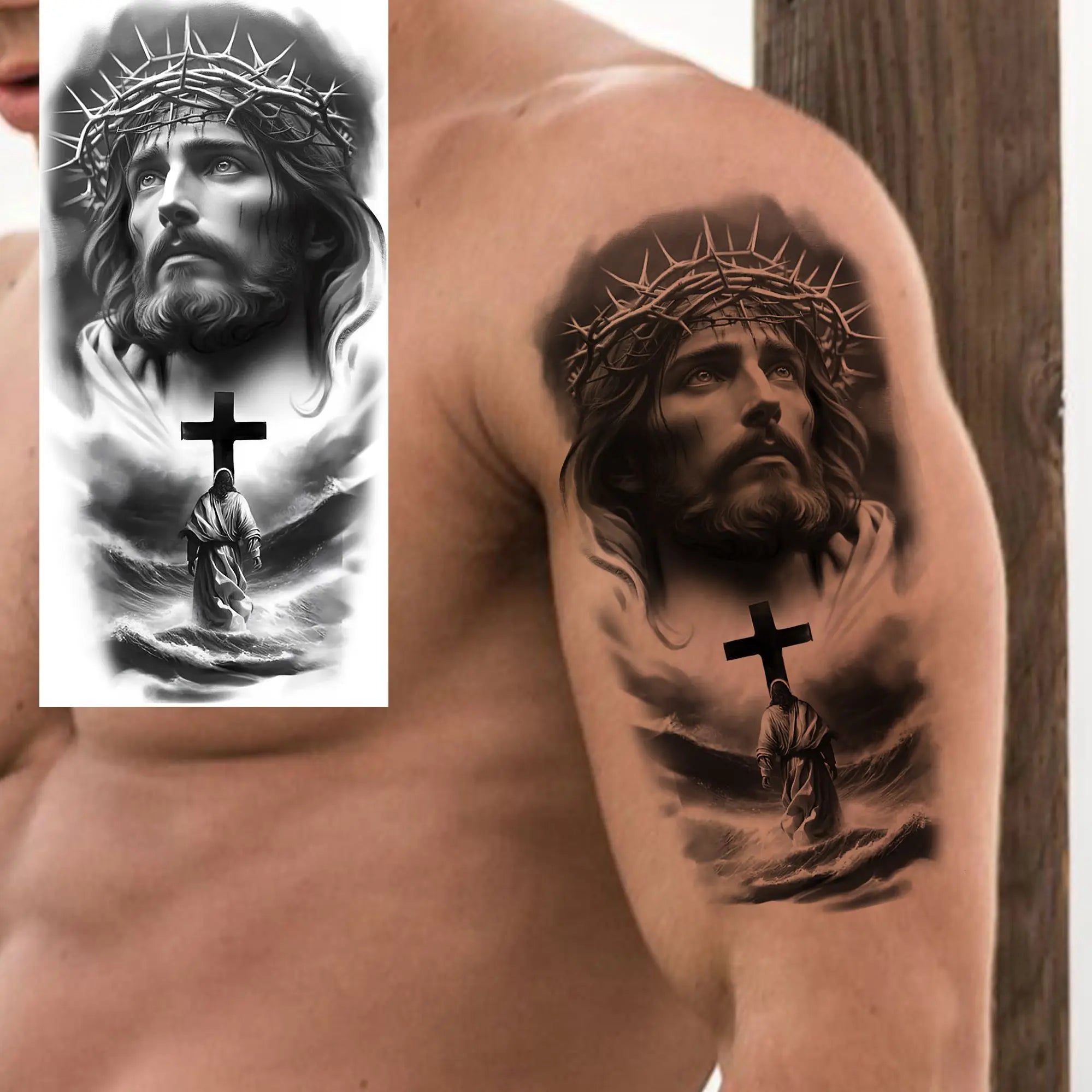 1pc Jesus Pray Cross Temporary Tattoo Stickers – Realistic Christian Fake Tattoos for Arm Chest Leg
