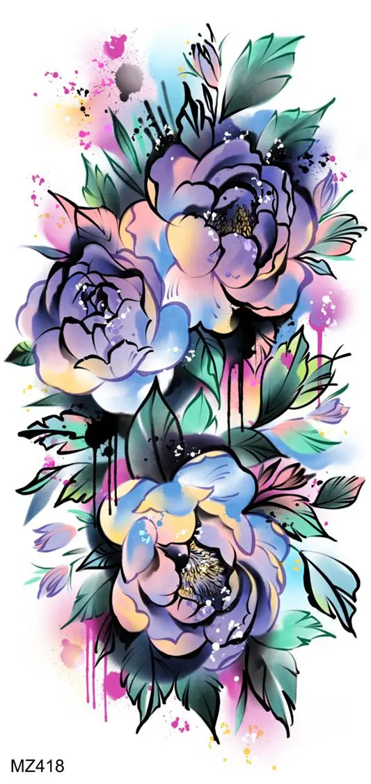 2pcs Watercolor Peony Rose Butterfly Temporary Tattoo Stickers