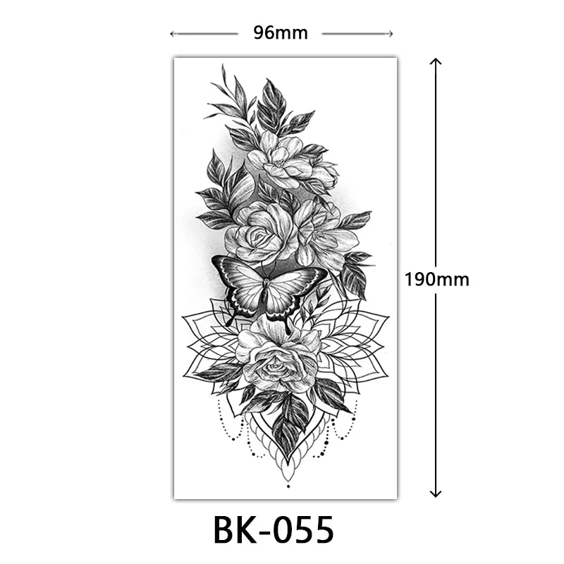 Black Floral Temporary Tattoo Stickers – Waterproof Fake Flower Tattoos for Hand, Arm, Body