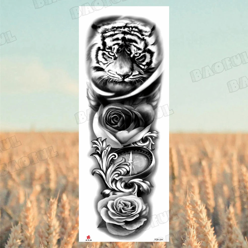 1 Sheet Wolf Lion Maori Flower Arm Sleeve Temporary Tattoo Sticker – Realistic Waterproof Fake Tattoos for Body