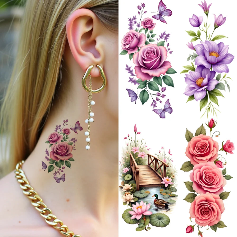 9pcs Colorful Flower Temporary Tattoo Stickers – Waterproof Floral Body Art for Neck, Back, Shoulder
