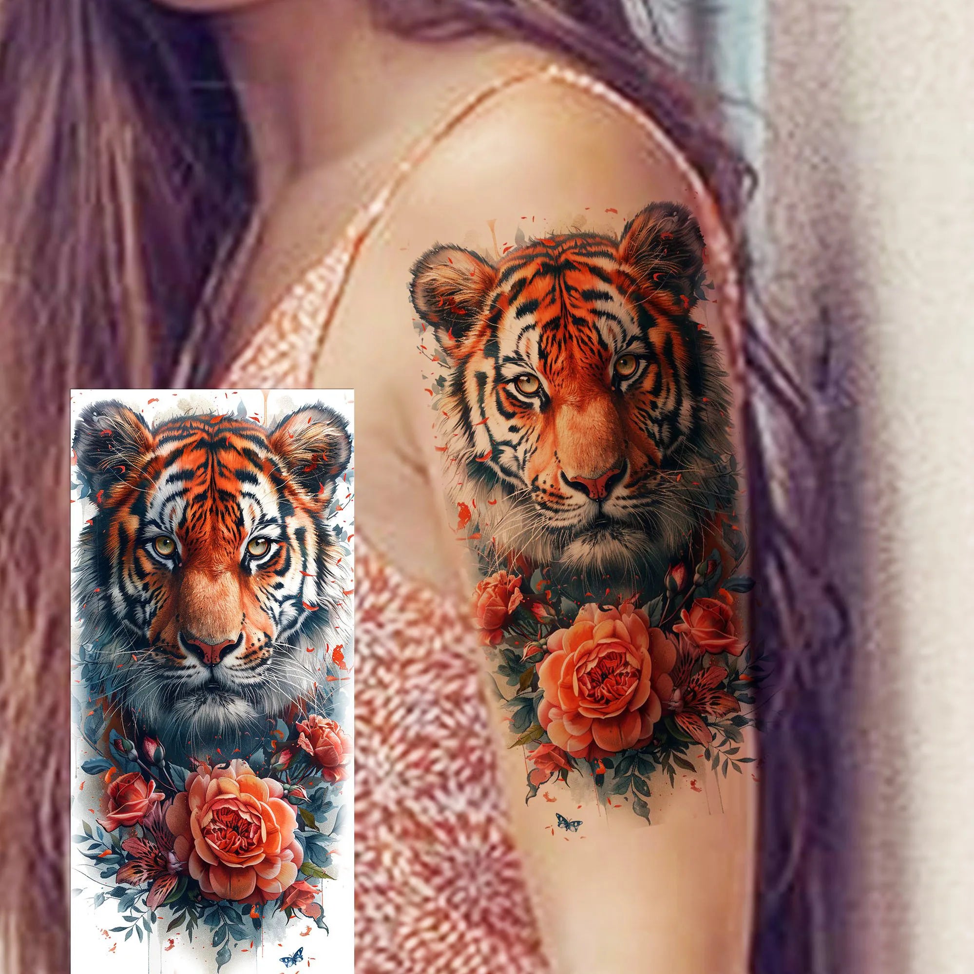 1 Sheet Watercolor Tiger Rose Temporary Tattoo Sticker – Waterproof Fake Tattoo with Floral & Bird Design