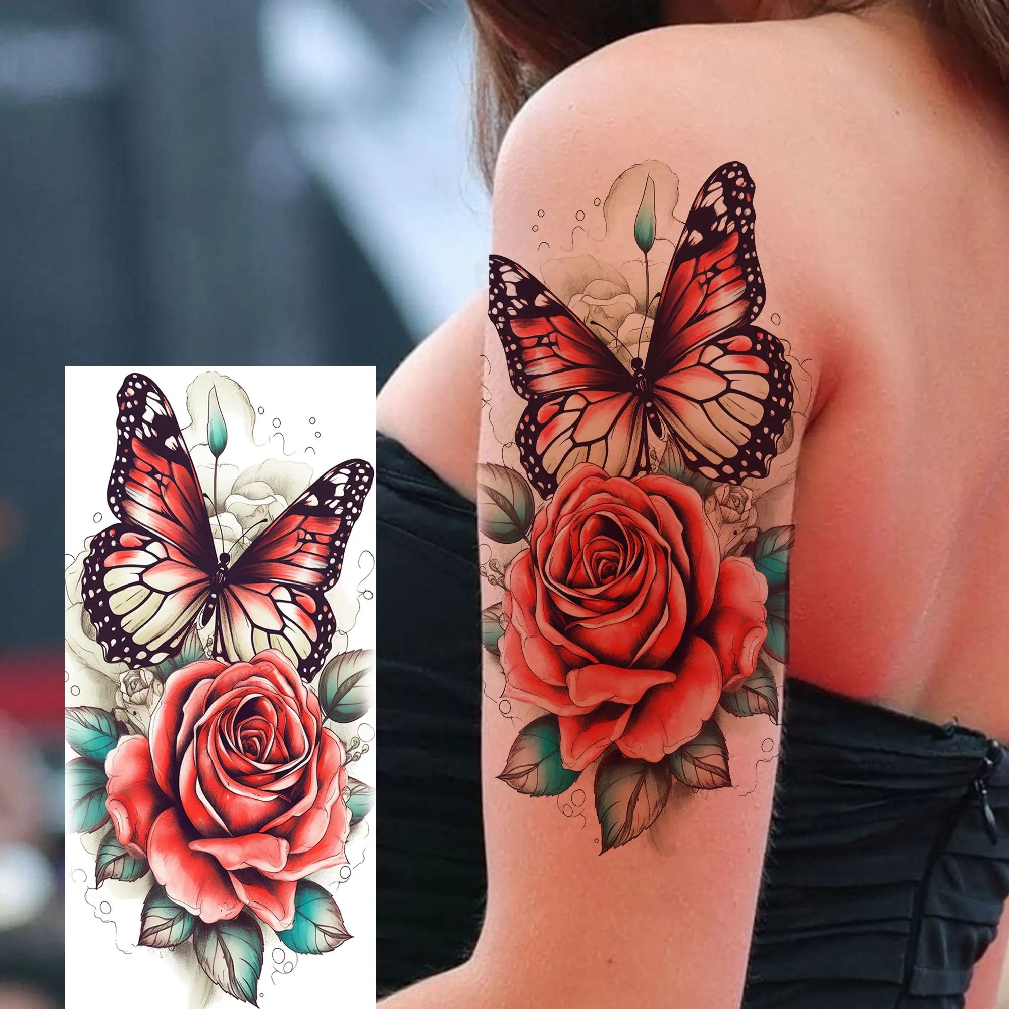 Watercolor Flower & Butterfly Tattoo – Realistic Waterproof Temporary Sticker (1 Sheet)